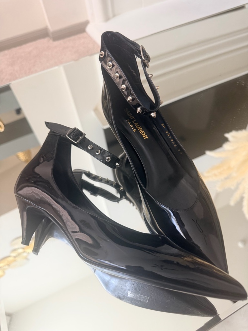 Saint Laurent Black Patent Leather Pointed Slingbacks with Silver Studs - Picture 4 of 6